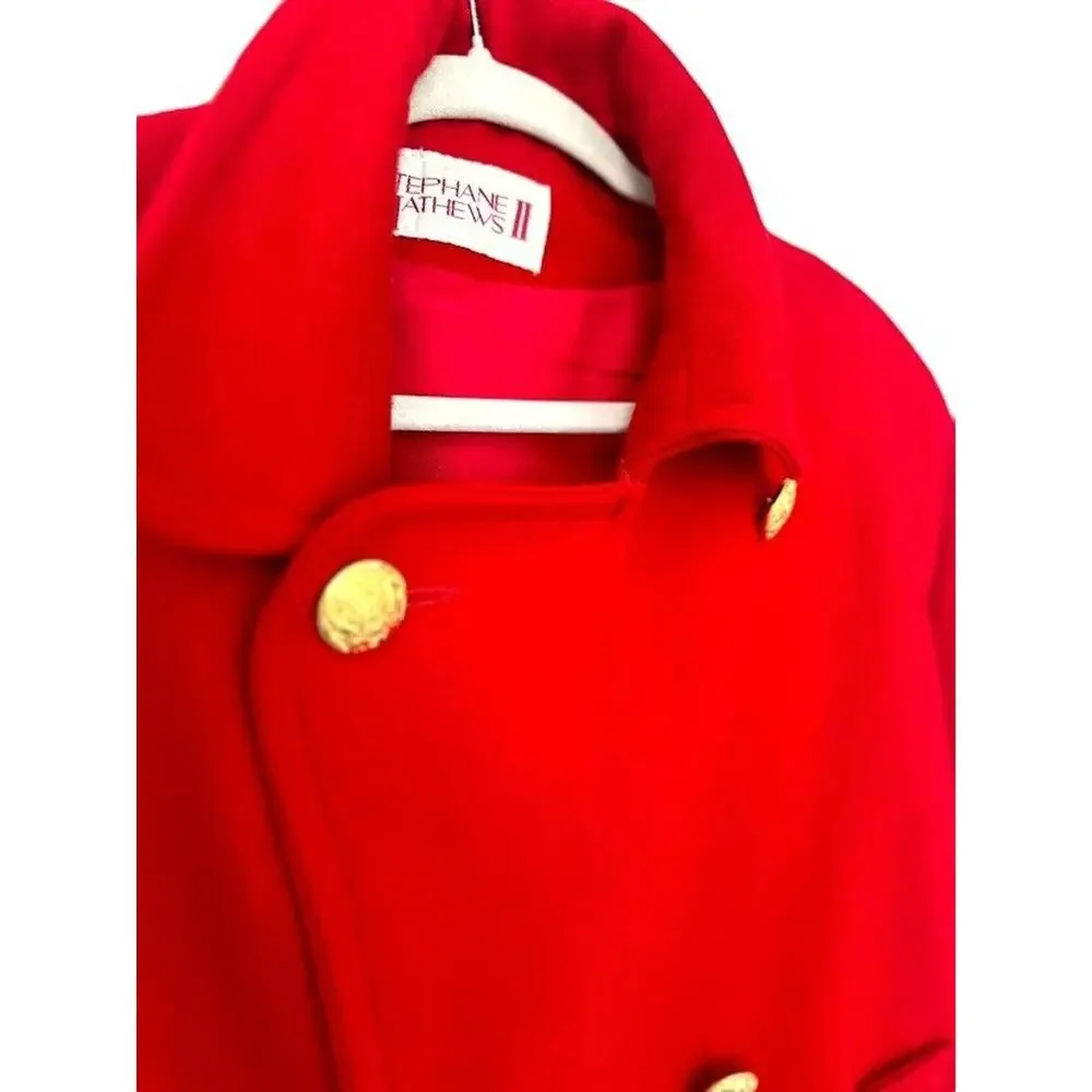 Stephane Mathews II Vintage Red Wool Blend Pea Coat‎ Gold Button Womens Size 8